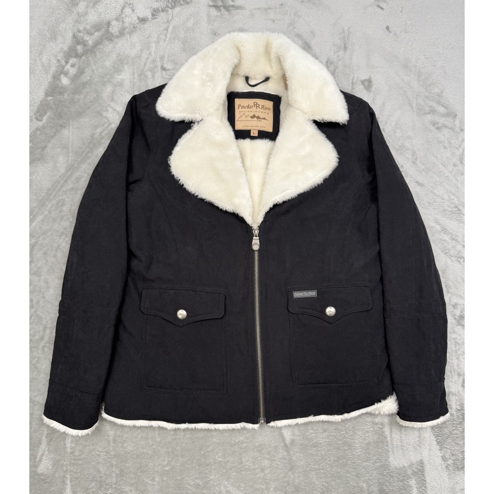 Powder River Shearling Jacket Womens Large Black & White Faux Fur Western Ranch